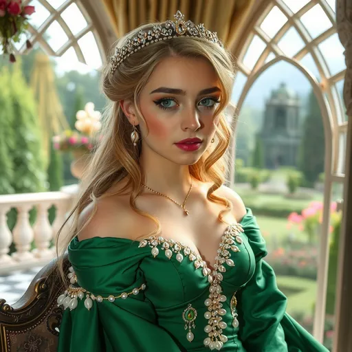 Prompt: Une très belle jeune reine, yeux marrons clair et de longues cils et des joues roses et lèvres pulpeuses rouge velours et des cheveux soyeux blond norvégien habillée avec une tenue soyeuse en satin vert orné de joyaux et de perles assise sur un trône en crystal regardant la terrasse de son château et regardant par une fenêtre en forme d'arc le jardin féerique