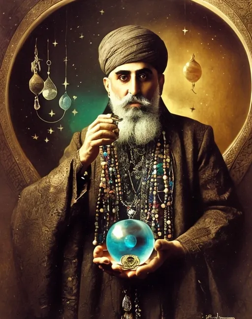 Prompt: a man with a long beard holding a crystal ball with a star in it and an owl sitting next to it, Altoon Sultan, qajar art, orientalism, a character portrait