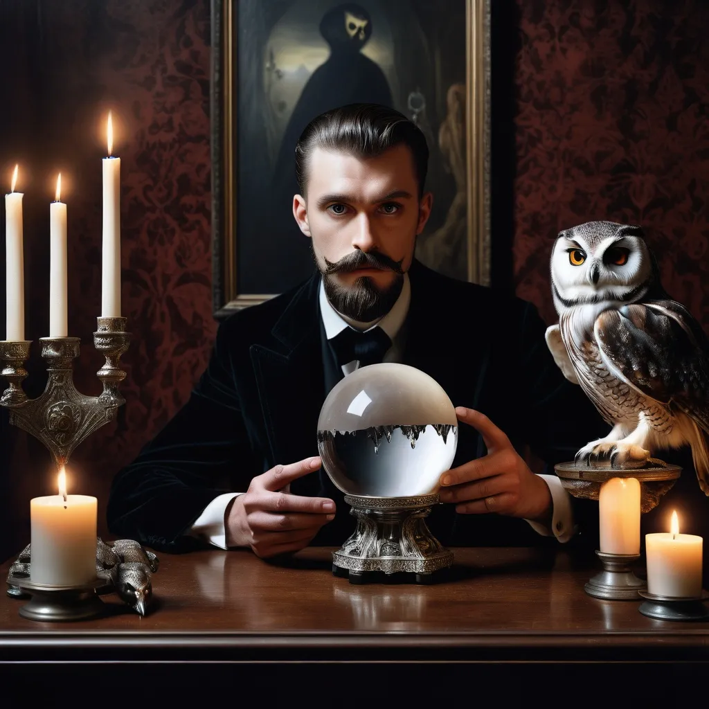 Prompt: a man with a beard and a mustache holding a crystal ball in front of an owl and candles in a room, Fletcher Martin, gothic art, fashion photography, a photorealistic painting