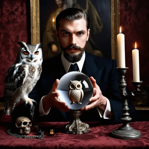 Prompt: a man with a beard and a mustache holding a crystal ball in front of an owl and candles in a room, Fletcher Martin, gothic art, fashion photography, a photorealistic painting