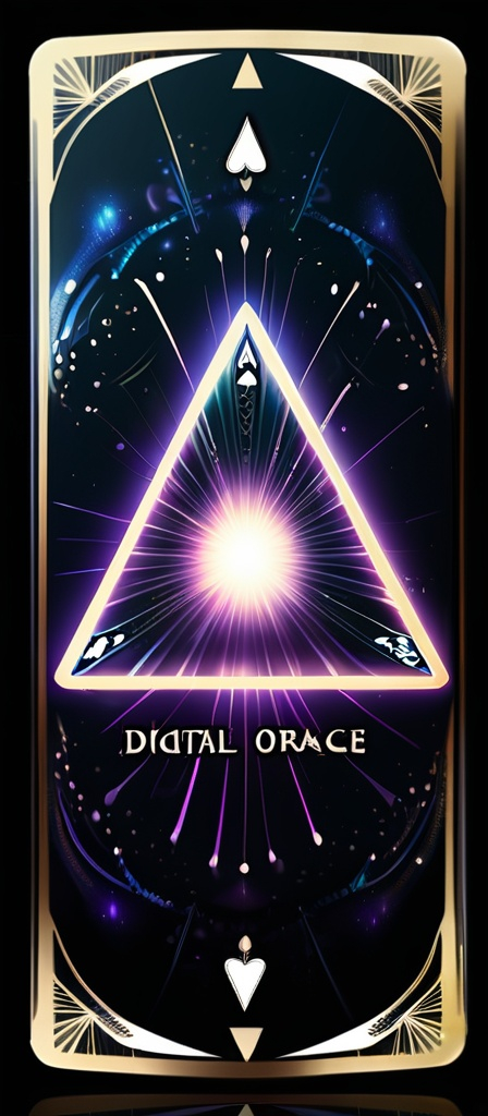 Prompt: This image is a screenshot of a digital interface displaying a card from a deck of cards. The card is titled "The Digital Oracle" with the subtitle "The Cosmic Code." The card features an intricate, digital art design with a dark, cosmic background. At the center is a bright, glowing, triangular light formation with rays extending outward, resembling a burst of energy or a cosmic event. Surrounding the central light are swirling blue and white patterns, adding a sense of motion and mysticism. The card's border is adorned with ornate, gold patterns, adding a touch of elegance to the overall design. The text on the card is in gold and white, with the title at the top and the subtitle at the bottom.

The background of the screenshot is dark grey, with a soft, blurred, brown wooden texture in the bottom right corner, suggesting a table surface. The top of the interface displays the time "11:10," a battery icon, and signal strength indicators. Below the card, a grey bar with white text reads, "Geminini can make mistakes, so double-check it." Buttons at the bottom include "Ask Gemini," "Cancel," and "Fast." The overall style is modern and sleek, with a focus on digital and cosmic themes.