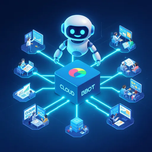 Prompt: A modern 3D isometric illustration poster, featuring a white and blue robot with a friendly smiling LED face, hovering above a central box with a colorful circle logo and the text CloudBOT. From the box, 9 glowing connection lines radiate evenly in all directions, each leading to a module represented by characters and symbols:

Marketing – megaphone icon, male character presenting ideas in front of an advertising screen.

Sales / Business – characters signing contracts, handshake, sales growth chart symbol.

Customer Service – staff with headset assisting clients through a chat screen.

Operations – Tasks – character managing a task board, checklist and workflow icons.

Projects – team gathered around a table with blueprints, milestone & Gantt chart icons.

Training – character teaching in front of a large screen, students listening, book & video symbols.

Accounting – character reviewing financial reports, charts and currency symbols.

HR – Human Resources – female recruiter interviewing a candidate, CV and employee file icons.

Board of Directors – leader giving a keynote on a podium, strategy symbol with an upward arrow.

Illustration style: modern 3D isometric, blue–white color palette, soft neon lighting, radial balanced layout, ultra-detailed 8K, aspect ratio 16:9, --no blur, --no distortion, --no text.