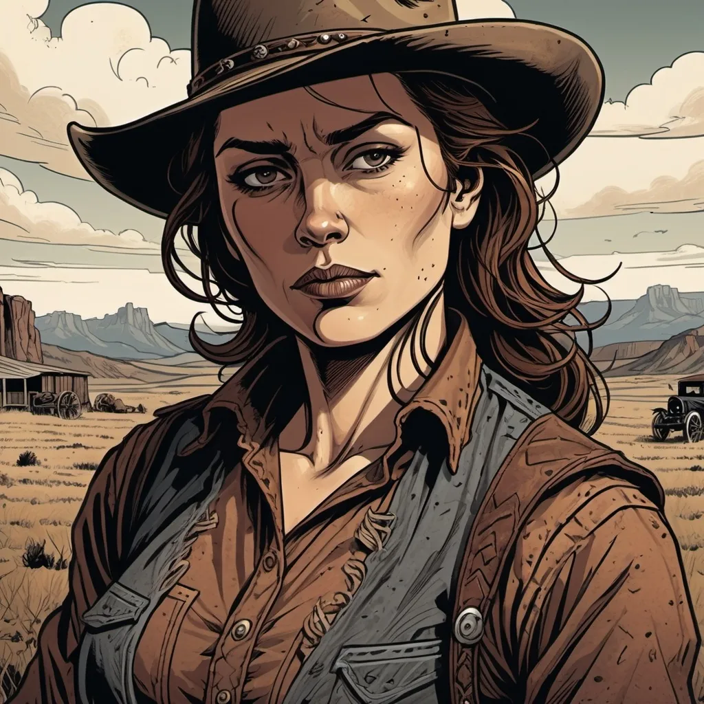 Prompt: Woman cowboy, landfields, detailed, dark colors, dramatic, graphic novel illustration,  2d shaded retro comic book