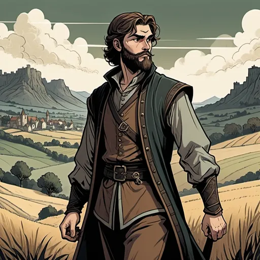 Prompt: young medieval merchant, sophisticated, young beard, landfields, detailed, dark colors, dramatic, graphic novel illustration,  2d shaded retro comic book