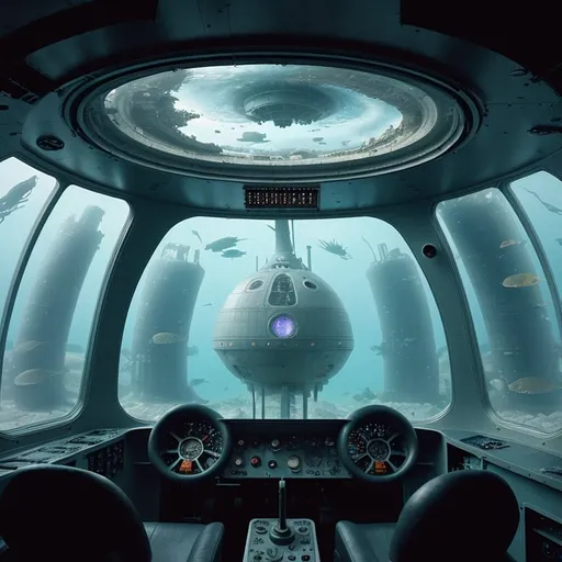 Prompt: futuristic style, claustrophobic submarine cockpit, with rounded windows, limited vision to the outside world, underwater, destroyed city on the outside