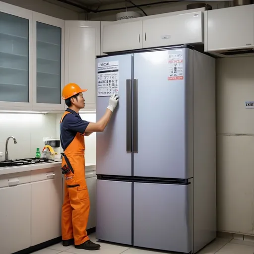 Prompt: Technician repair refrigerator in a mystical kitchen around light in the signboard of 'Hitachi service 03112211271'