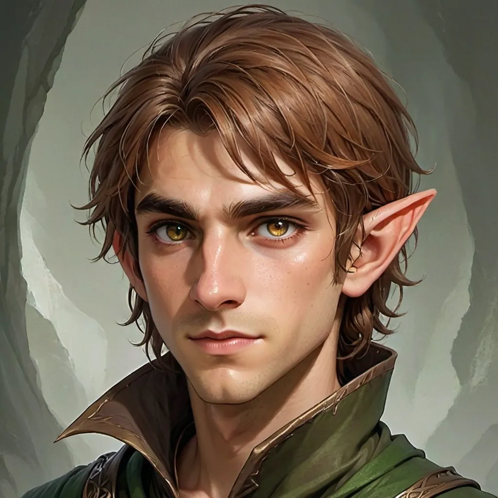 Prompt: A 20 years old male Half-elf unexperienced sorcerer with Amber eyes and brown hair, he's a commoner