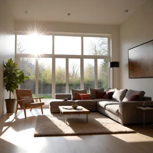 Prompt: i want a picture of a modern living room with the sun shinning into the room as if it´s very hot
