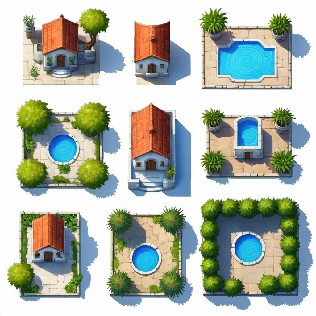 Prompt: game house, set of four, greece core, view from the top, a lot of plants, greek, top view, frontal view, high detailed, colored, 2d game art style, casual game art, white background