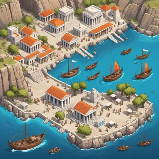 Prompt: Top view of bustling waterfront in vibrant ancient Greece, game map, 2D game art style, high quality, top-down perspective, vibrant colors, detailed design, casual game art, Greek core, white background, 4px black outline