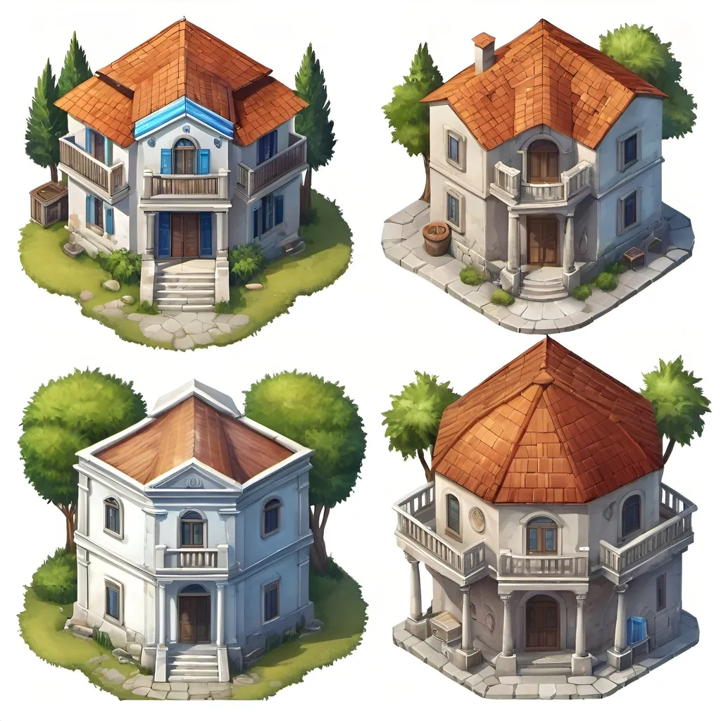 Prompt: game house, set of four, greece core, view from the top, top view, frontal view, high detailed, colored, 2d game art style, casual game art, white background