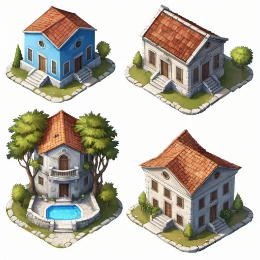 Prompt: game house, set of four, greece core, view from the top, top view, frontal view, high detailed, colored, 2d game art style, casual game art, white background