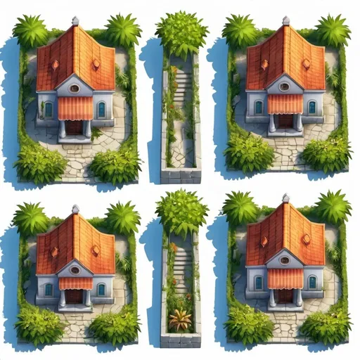 Prompt: game house, set of four, greece core, view from the top, a lot of plants, greek, top view, frontal view, high detailed, colored, 2d game art style, casual game art, white background