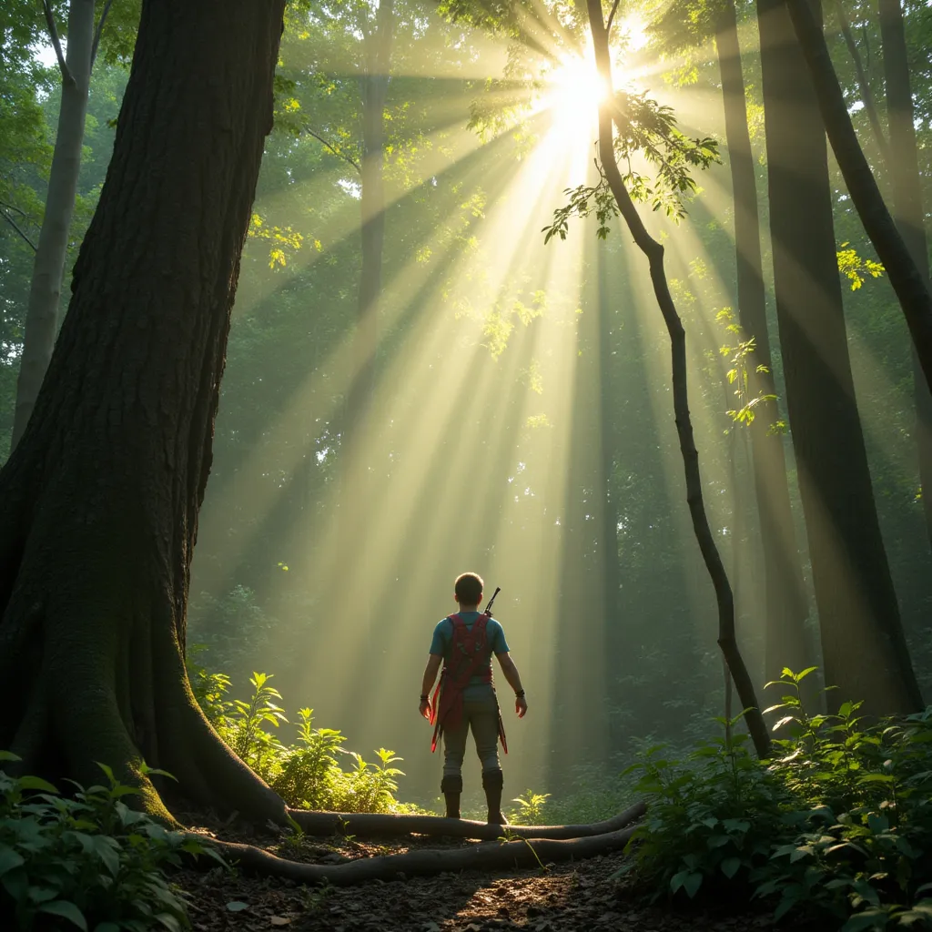 Prompt: Elf ranger in a mystical forest around sunlight