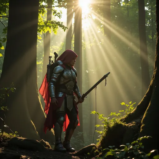 Prompt: Elf ranger in a mystical forest around sunlight