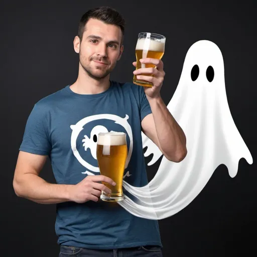 Prompt: Generate an image of a man wearing a tshirt and jeans while holding a beer and a ghost pulling his tshirt