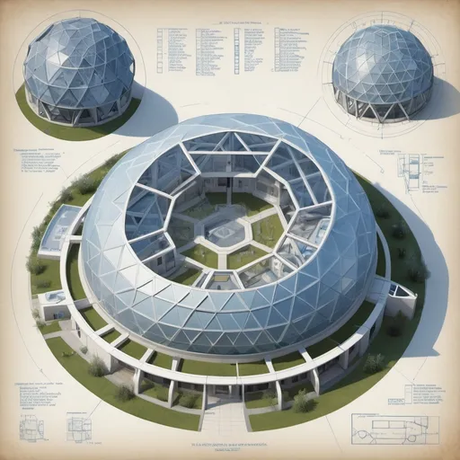 Prompt: Blueprints of a (geodesic hospital), showcasing (futuristic architecture), intricate designs, precise measurements, and detailed layouts