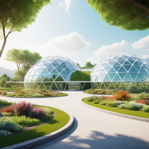 Prompt: geodesic hospital, (futuristic architecture), panoramic exterior view, (crisp lines, curved shapes), lively landscape, surrounded by greenery, (bright sunlight), high-definition, ultra-detailed, vibrant colors creating a harmonious contrast, (serene atmosphere) that promotes healing and tranquility, innovative structure blending modern design with nature.