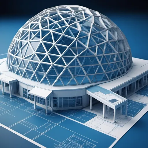 Prompt: Blueprints of a (geodesic hospital), showcasing (futuristic architecture), intricate designs, precise measurements, and detailed layouts, set against a clean background, vibrant blue tones highlighting the structure,