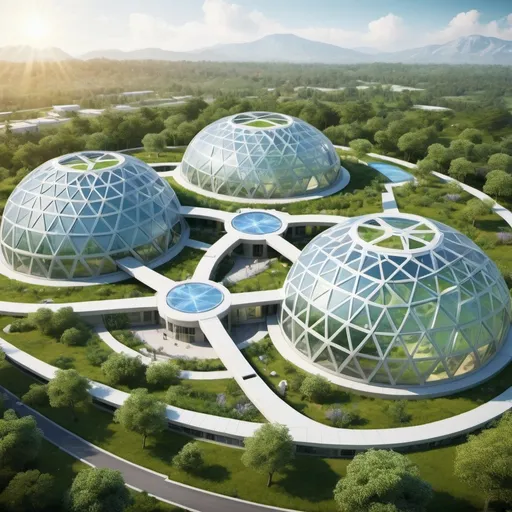 Prompt: Blueprints, geodesic hospital, (futuristic architecture), panoramic exterior view, (crisp lines, curved shapes), lively landscape, surrounded by greenery, (bright sunlight), high-definition, ultra-detailed, vibrant colors creating a harmonious contrast, (serene atmosphere) that promotes healing and tranquility, innovative structure blending modern design with nature.