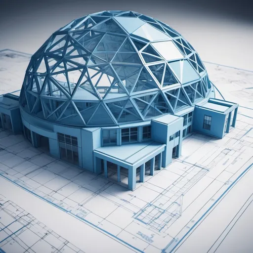 Prompt: Blueprints of a (geodesic hospital), showcasing (futuristic architecture), intricate designs, precise measurements, and detailed layouts, set against a clean background, vibrant blue tones highlighting the structure,