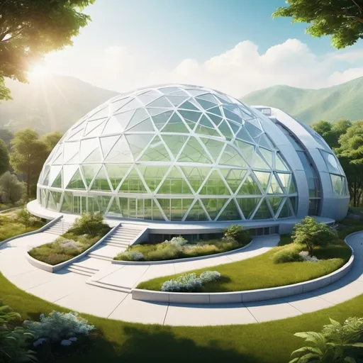 Prompt: Blueprints, geodesic hospital, (futuristic architecture), panoramic exterior view, (crisp lines, curved shapes), lively landscape, surrounded by greenery, (bright sunlight), high-definition, ultra-detailed, vibrant colors creating a harmonious contrast, (serene atmosphere) that promotes healing and tranquility, innovative structure blending modern design with nature.