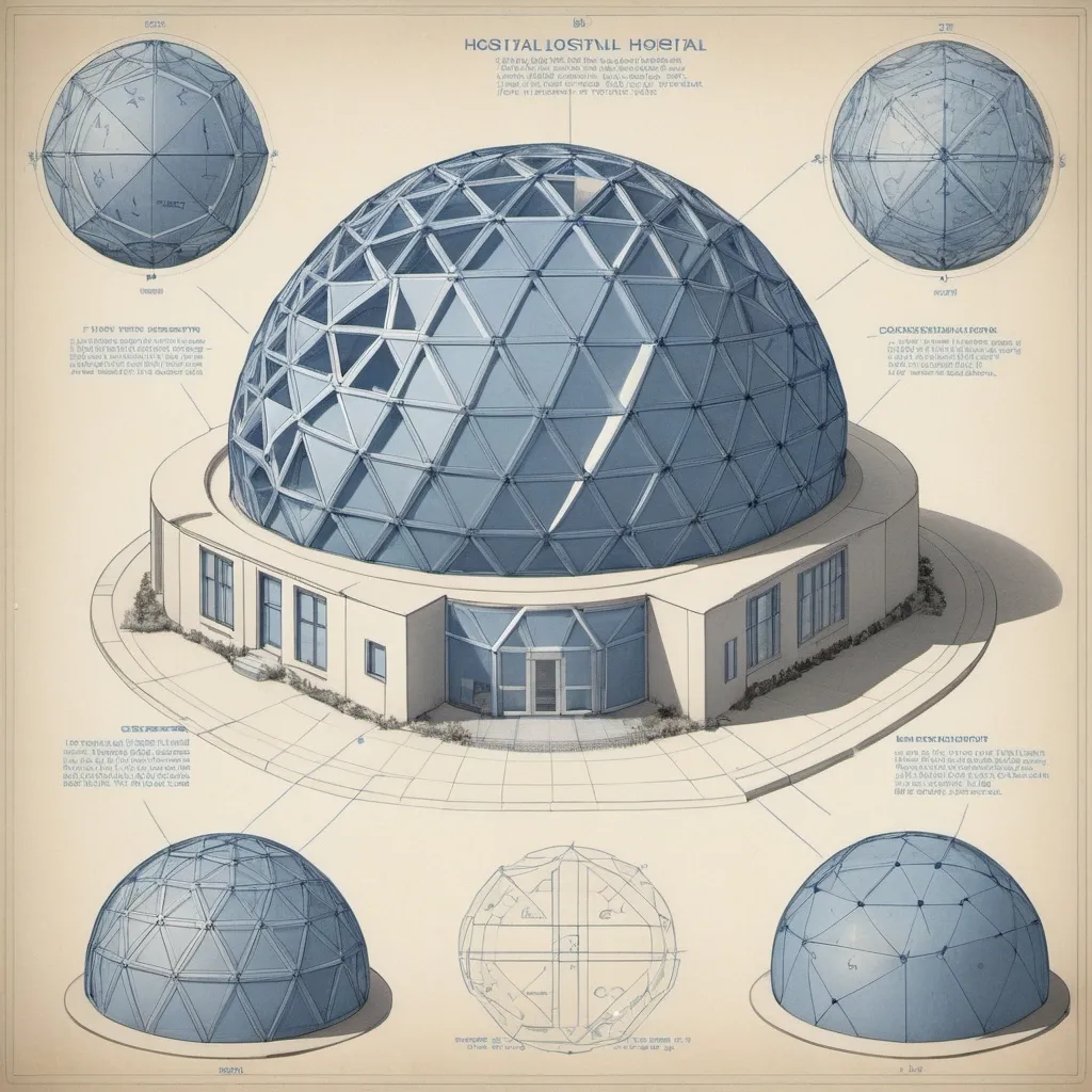 Prompt: Blueprints of a (geodesic hospital), intricate designs, precise measurements, and detailed layouts