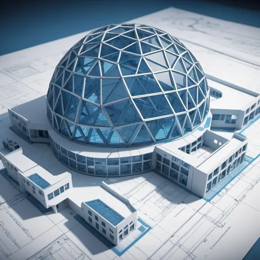 Prompt: Blueprints of a (geodesic hospital), showcasing (futuristic architecture), intricate designs, precise measurements, and detailed layouts, set against a clean background, vibrant blue tones highlighting the structure,