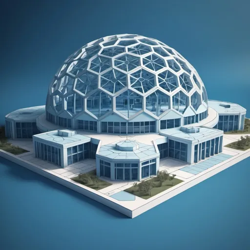 Prompt: Blueprints of a (geodesic hospital), showcasing (futuristic architecture), intricate designs, precise measurements, and detailed layouts, set against a clean background, vibrant blue tones highlighting the structure,