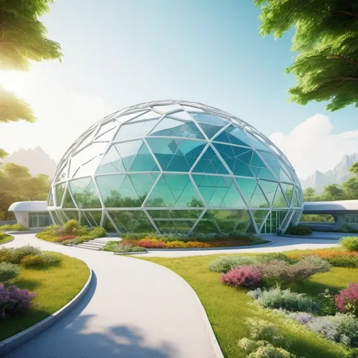 Prompt: geodesic hospital, (futuristic architecture), panoramic exterior view, (crisp lines, curved shapes), lively landscape, surrounded by greenery, (bright sunlight), high-definition, ultra-detailed, vibrant colors creating a harmonious contrast, (serene atmosphere) that promotes healing and tranquility, innovative structure blending modern design with nature.