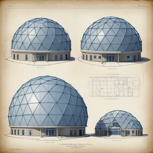 Prompt: Blueprints of a geodesic hospital