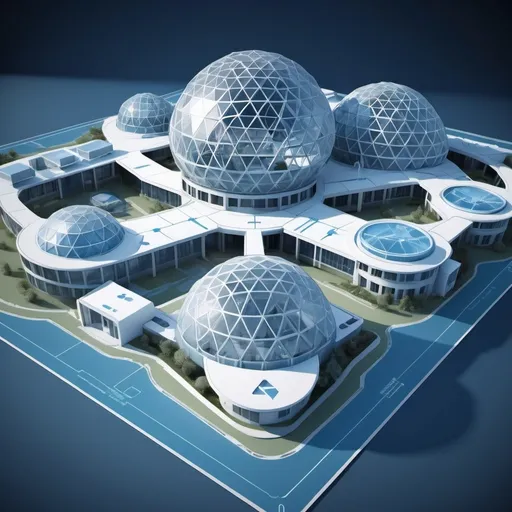 Prompt: Blueprints of a (geodesic hospital), showcasing (futuristic architecture), intricate designs, precise measurements, and detailed layouts, set against a clean background, vibrant blue tones highlighting the structure, cinematic and ultra-detailed perspective, bringing an innovative healthcare vision to life, high quality and visually striking.