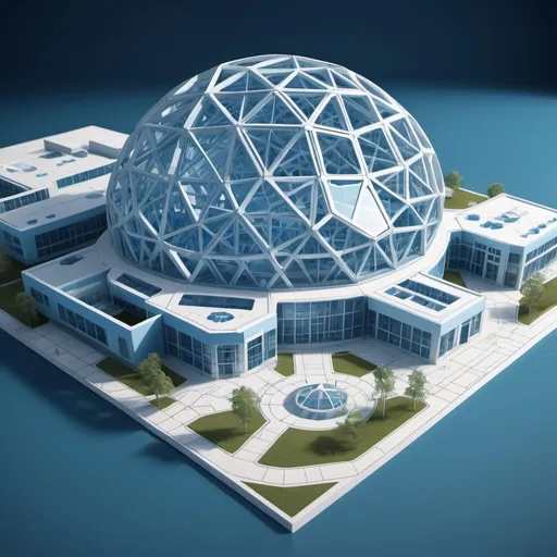 Prompt: Blueprints of a (geodesic hospital), showcasing (futuristic architecture), intricate designs, precise measurements, and detailed layouts, set against a clean background, vibrant blue tones highlighting the structure, cinematic and ultra-detailed perspective, bringing an innovative healthcare vision to life, high quality and visually striking.