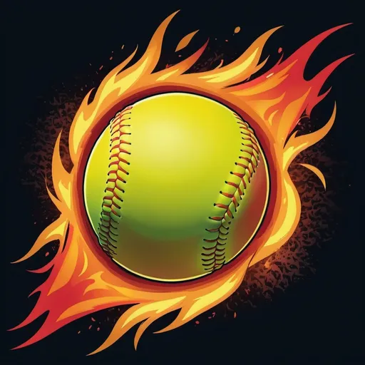 Prompt: Softball engulfed in vibrant fireball, dynamic flames, fierce expression, professional design, detailed illustration, high quality, energetic, modern, powerful graphic, eye-catching, clean lines, impactful, fiery tones, bold, best quality, detailed texture no background