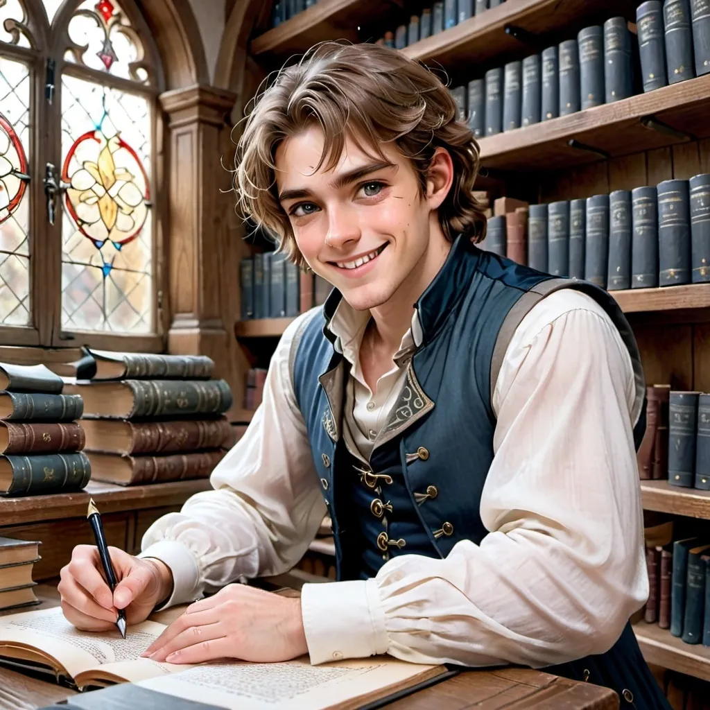 Prompt: A young man is sitting at a writing desk. He has mouse brown hair and eyes. He's smiling fondly over the latest manuscript that he just completed. Racks of scrolls and rows of books are neatly organized on the shelves behind him. He's wearing a long sleeve white shirt, gray and blue vest with silver trim, and gray slacks. with matching shoes. The setting is magical middle ages. A floating orb glows softly to provide interior light, warming the boyish features on his face, even as natural light comes through a raised window in holy rays between the sturdy wooden shutters.