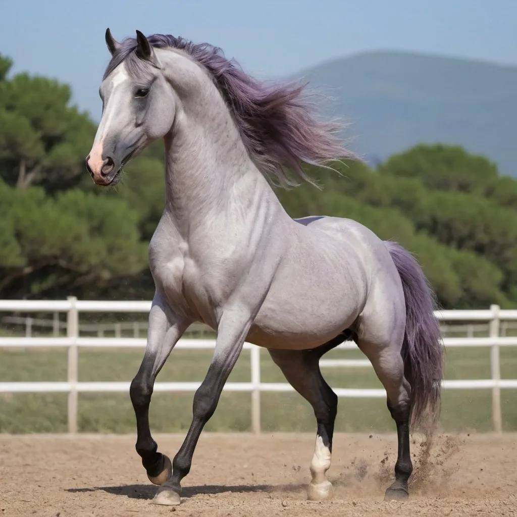 Prompt: A lavender Roan horse rearing 