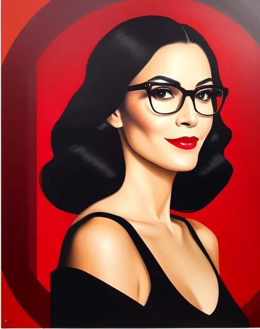 Prompt: A portrait of a 41-year-old woman with a striking appearance, long, very dark brown-black natural hair, very high prominent cheekbones, large chin, thin red lips, which turn up at one corner into a very confident, almost cocky, closed mouth smile. she wears thick red retro frame eyeglasses, with tattoos on arms, chest, back, and shoulders. The background evokes a modern minimalist art style with vintage circus themes and surreal landscapes, blending confidence and beauty.