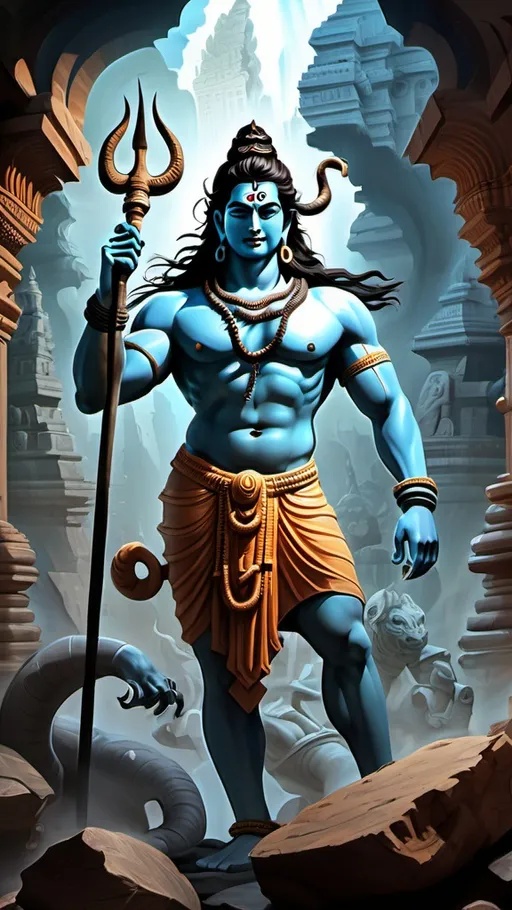 Prompt: Illustrate Lord Shiva in the underworld, embodying his fierce persona as the destroyer of evil. He should be depicted with a commanding expression, showcasing his strength and determination. Surround him with mystical creatures like serpents, demons, and ethereal beings, creating an atmosphere of both danger and intrigue. 

In the background, include ancient ruins with crumbling stone structures, adorned with intricate carvings of sacred symbols and deities. A fiery river should flow through the scene, casting an ominous glow and reflecting the chaos of the underworld. 

Ghostly figures should be seen lurking in the shadows, representing lost souls, while Lord Shiva stands confidently, holding a trident (Trishula) in one hand, ready to vanquish darkness. His body should be adorned with sacred ash and ornate jewelry, symbolizing his ascetic nature and divine power. 

The color palette should be dark and intense, with deep reds, blacks, and purples dominating the scene, contrasted by flashes of light that represent hope and purity amidst the chaos. These light elements should illuminate Lord Shiva, highlighting his divine presence and the promise of salvation.