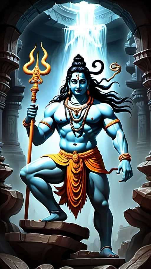 Prompt: Illustrate Lord Shiva in the underworld, embodying his fierce persona as the destroyer of evil. He should be depicted with a commanding expression, showcasing his strength and determination. Surround him with mystical creatures like serpents, demons, and ethereal beings, creating an atmosphere of both danger and intrigue. 

In the background, include ancient ruins with crumbling stone structures, adorned with intricate carvings of sacred symbols and deities. A fiery river should flow through the scene, casting an ominous glow and reflecting the chaos of the underworld. 

Ghostly figures should be seen lurking in the shadows, representing lost souls, while Lord Shiva stands confidently, holding a trident (Trishula) in one hand, ready to vanquish darkness. His body should be adorned with sacred ash and ornate jewelry, symbolizing his ascetic nature and divine power. 

The color palette should be dark and intense, with deep reds, blacks, and purples dominating the scene, contrasted by flashes of light that represent hope and purity amidst the chaos. These light elements should illuminate Lord Shiva, highlighting his divine presence and the promise of salvation.