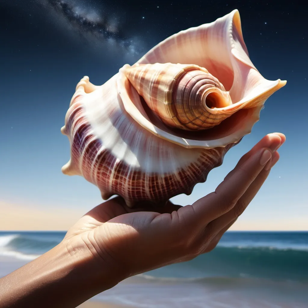 Prompt: "An artistic rendering of a human hand holding a conch shell, with sound waves emanating and forming images of exploration, stars, and waves.