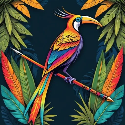 Prompt: "A stunning and colorful Bird of Paradise perched on a traditional tribal spear, surrounded by vibrant jungle foliage and PNG tribal patterns, with bold and striking colors for a visually captivating t-shirt design.