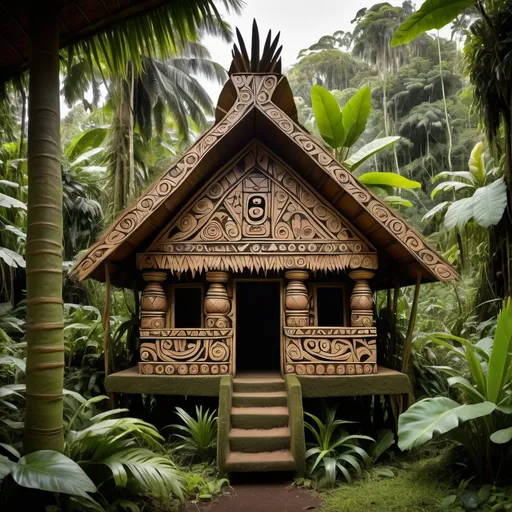 Prompt: "A traditional Papua New Guinean haus tambaran (spirit house) with detailed carvings and patterns, set in a lush jungle, framed by cultural designs to highlight the nation’s heritage.