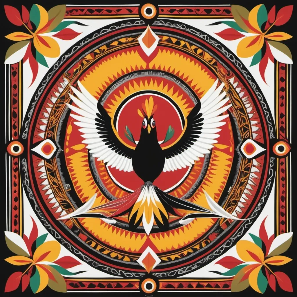 Prompt: The design features bright colors like red, yellow, black, and white, symbolizing cultural heritage. Include symbols of the Raggiana bird-of-paradise, traditional bilums, and spears, all in a symmetrical and eye-catching layout.