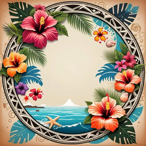 Prompt: "A tropical Pacific island framed by a ring of colorful hibiscus flowers and seashells, with tribal tattoo patterns accentuating the border."