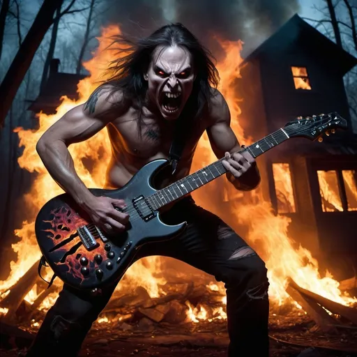 Prompt: in the front playing hard a woodskin halfnaked terrifying monster face heavy metal guitarist and screaming and jumping. on the background burning a big  house in a terrifying dark forest, 