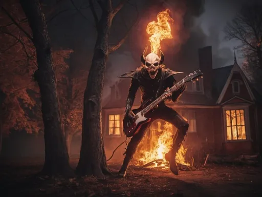 Prompt: in front a devilface,  big heavy metal guitarist with big horn and batwing, clawfingers playing,  screaming, jumping, dynamic pose, (burning house). the background at night a burning red and white house sitting next to a burning tree in a park area with an exploding bench,  danube school,  a flemish Baroque in a terrifying dark forest, dramatic shadows, fiery light illuminating the scene, evocative ambiance, scarry  moon, high-definition, ultra-detailed, vivid colors, powerful presence, heavy metal theme, captivating spectacle.