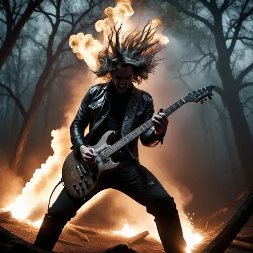 Prompt:  in the front playing hard a terrifying heavy metal guitarist, wood texture skin and screaming and jumping, background an exploding two arm oak tree in a terrifying dark forest, 