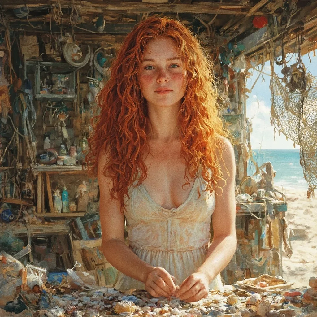 Prompt: A highly stylized digital illustration of a  freckled red-haired age18 woman with wild, voluminous curls, posed in a cluttered, eclectic beach shack sparsely filled with beach-combing finds, worn netting, and hanging nautical-trinkets. Wearing a sun-dress.  Her expression focused and serene with a subtle smile, as she sorts shells on a table. The image has a painterly, semi-illustrative style reminiscent of 70s art posters, with deep shadows, warm golden tones, and finely detailed textures. Background elements feel hand-drawn or collaged, adding to the raw, artistic, slightly chaotic ambiance of the scene.