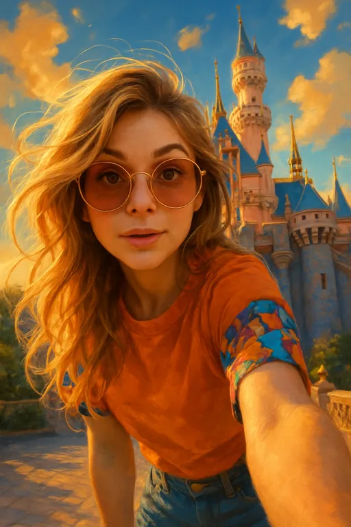 Prompt: A digital painting in semirealistic style, A sunlit fantasy theme park selfie featuring a young woman with long, tousled golden-blonde hair wearing oversized round rose-gold sunglasses. She is in a vibrant orange top with colorful graphic sleeves. Her expression is playful and curious as she leans forward, strands of hair catching the sunlight. Behind her, a dreamy fairytale castle with pink spires and blue rooftops rises against a vivid blue sky filled with fluffy golden clouds. The lighting is warm and cinematic, with strong golden hour highlights. Ultra-detailed, vibrant, whimsical, immersive style with a magical realism aesthetic. Shot with a wide-angle lens, high dynamic range.

Style Tags: cinematic lighting, vibrant color, fantasy realism, dreamy, modern fairytale, Disney-inspired, hyperrealism