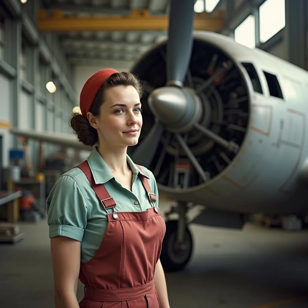 Prompt: High resolution Life like color photographic image of Rosie the riveter in a 1940’s aircraft factory, standing next to an aircraft under construction.